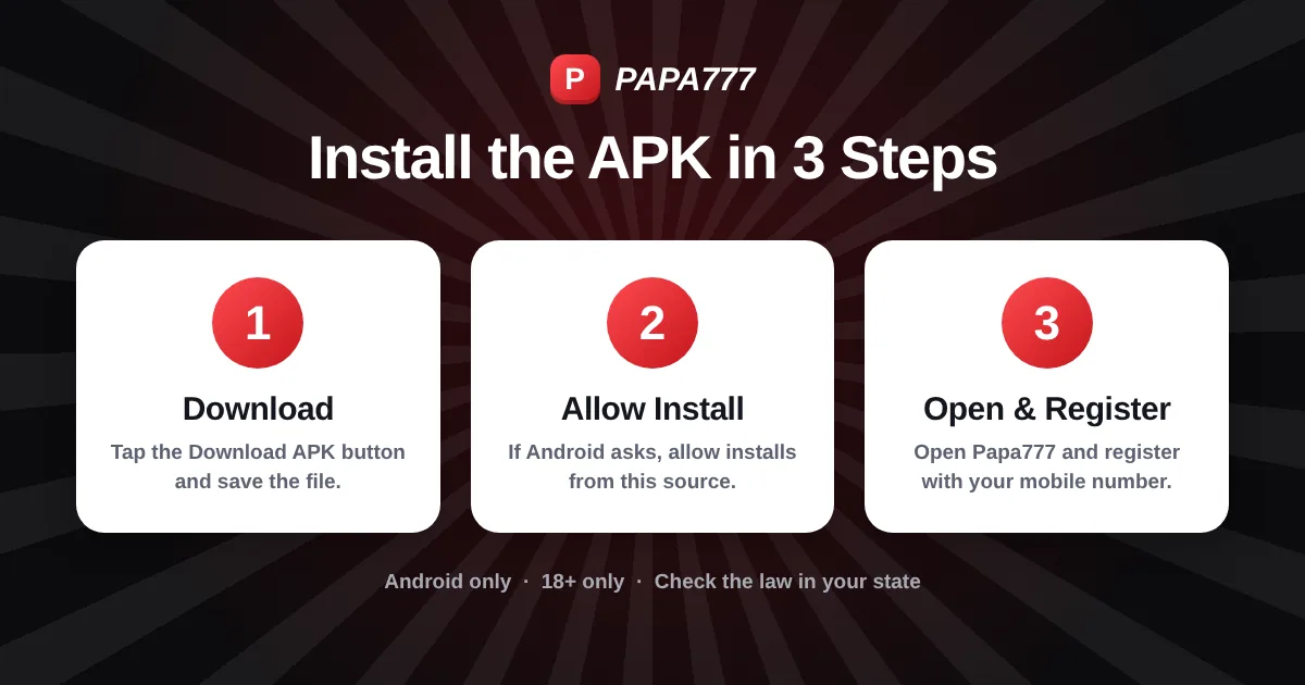 Three steps to install the Papa777 APK: download, allow install, open and register